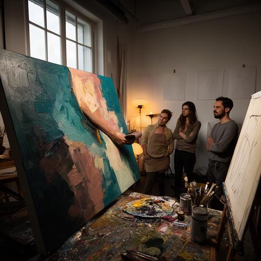 Painter presenting a layered abstract canvas during a small studio critique