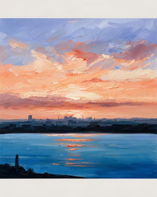 Student acrylic painting of a blue Dublin shoreline with warm sunset colours from a Thursday class