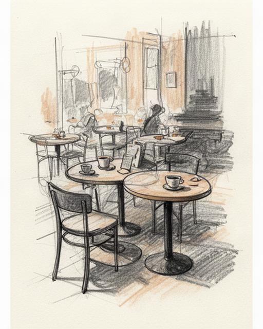 Student ink and pencil sketch of café tables made in a relaxed Friday painting lounge