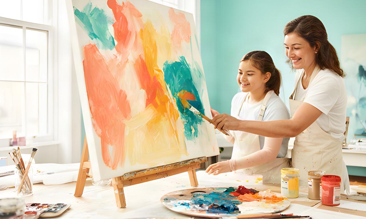 Parent and teenage daughter painting a large canvas together in a bright Dublin art studio