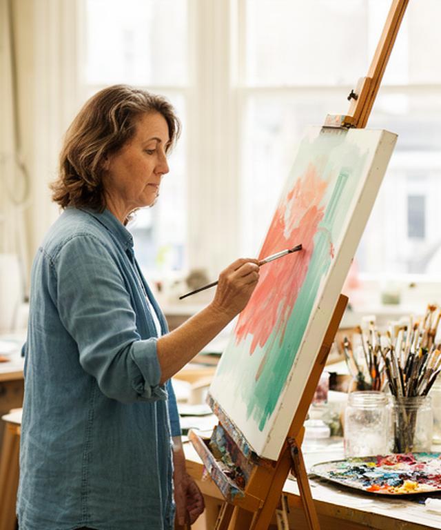 Máire Ní Cheallaigh painting at an easel in a bright Dublin teaching studio