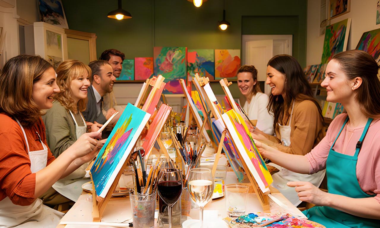 Friends painting colourful canvases beside wine glasses in a cosy Dublin studio